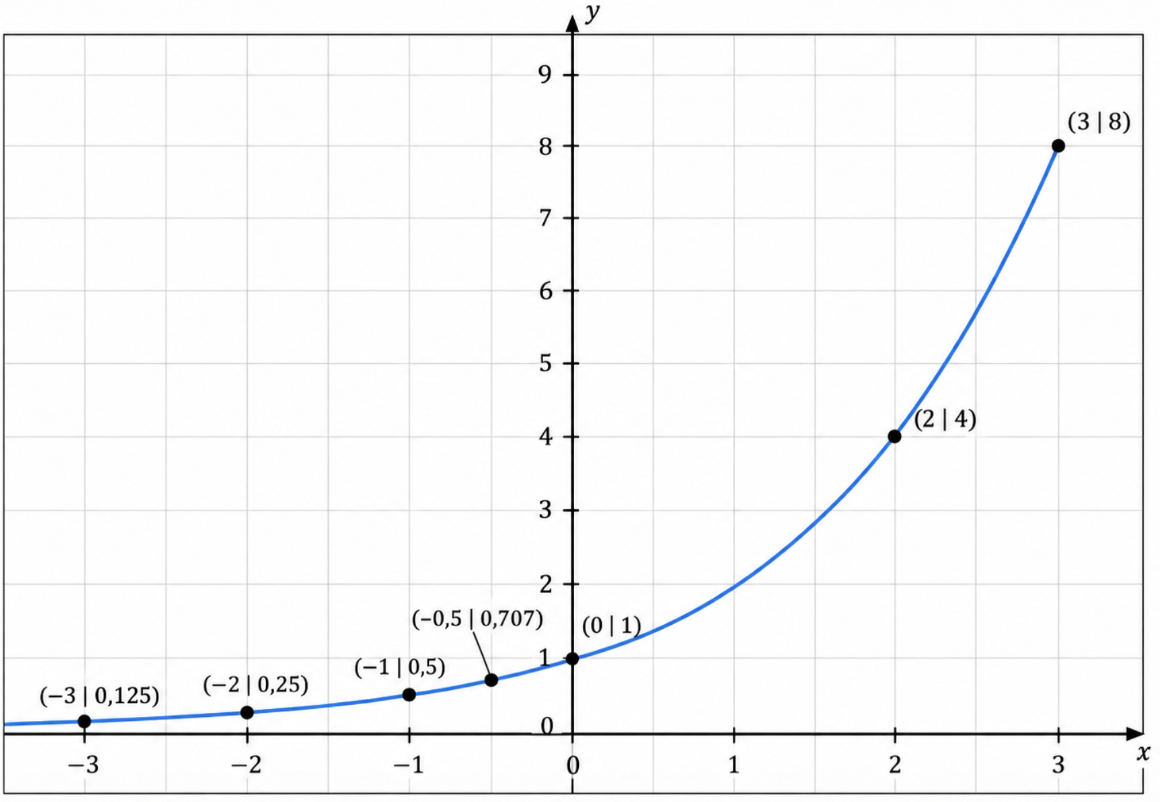 Exponentielle Funktion mit markierten Punkten von (-3|0,125) bis (3|8).